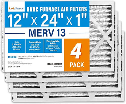 LotFancy 12x24x1 Air Filter MERV 13 4-Pack, Electrostatic Pleated HVAC Furnace Air Filter, Captures Pet Dander Smog Smoke, Actual Size: 11.75"x23.75"x0.75"