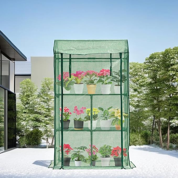 Mini Greenhouse for Indoor Outdoor, Small Plastic Plant Green House Rack Stand Portable Greenhouses with Durable PE Cover for Seedling 60 "x 35"x 16",20 Pcs T-Type Plant Tags Include（PLGH4053G）