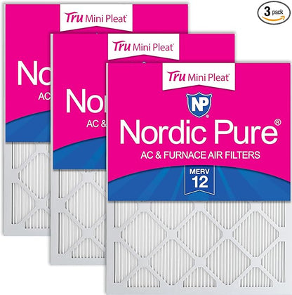 Nordic Pure 16x30x1 (Actual Size: 15 3/4 x 29 11/16 x 3/4) Tru Mini Pleat MERV 12 AC Furnace Air Filters – 2.5X More Media for Longer-Lasting, High-Efficiency Filtration - 3 Pack