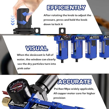3/8 Inch NPT 4 Stage Air Drying System,Brass Filter, Coalescing Filter,Double Desiccant Dryers & Air Regulator,Metal Bowl, Semi-Auto Drain,Industrial Grade(Blue)