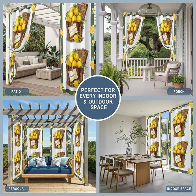 Lemon Outdoor Curtains for Patio Lemons in Baskets Summer Tropical Plants Green Waterproof Outside Curtains with Grommet Top Weatherproof Curtain for Cabana Pergola Gazebo, 1 Panel, 54" W x 108" L