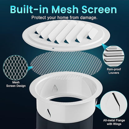 HG Power 4 Inch Soffit Vents, Stainless Steel Round Air Vent with Screen Mesh, Louver Exhaust Vent Cover for Wall Garage, Kitchen, Attic & House Ventilation, 4- Pack, White