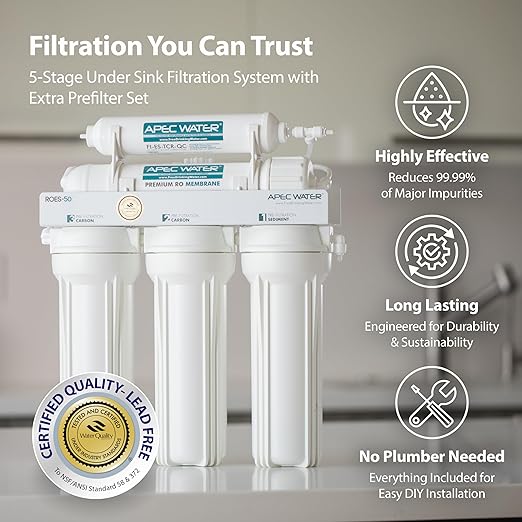 APEC Water Systems ROES-50 Essence Series Top Tier 5-Stage WQA Certified Ultra Safe Reverse Osmosis Drinking Water Filter System with Extra High Capacity Pre-Filter Set Stage 1-3