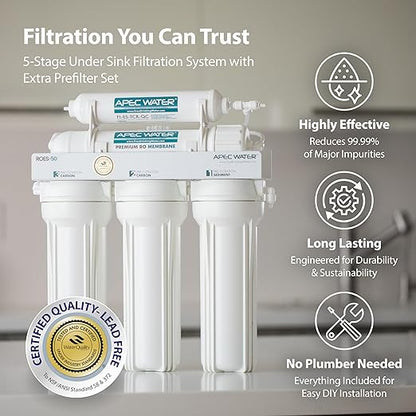 APEC Water Systems ROES-50 Essence Series Top Tier 5-Stage WQA Certified Ultra Safe Reverse Osmosis Drinking Water Filter System with Extra High Capacity Pre-Filter Set Stage 1-3