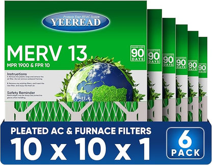 10X10x1 MERV 13 Air Filters, 6-Pack, Actual Size: 9.70" x 9.70" x 0.75", Pleated Design with Enhanced Filter Media for Superior Filtration,Perfect for HVAC, AC & Furnace Systems