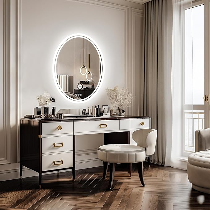 LUVODI Lighted LED Bathroom Mirror: 32”x24” Oval Wall Mounted Dimmable Makeup Mirror Anti-Fog with Back Lit - Illuminated 3 Colors Vanity Mirrors with Demister Pad Smart Touch Switch IP56 Rated
