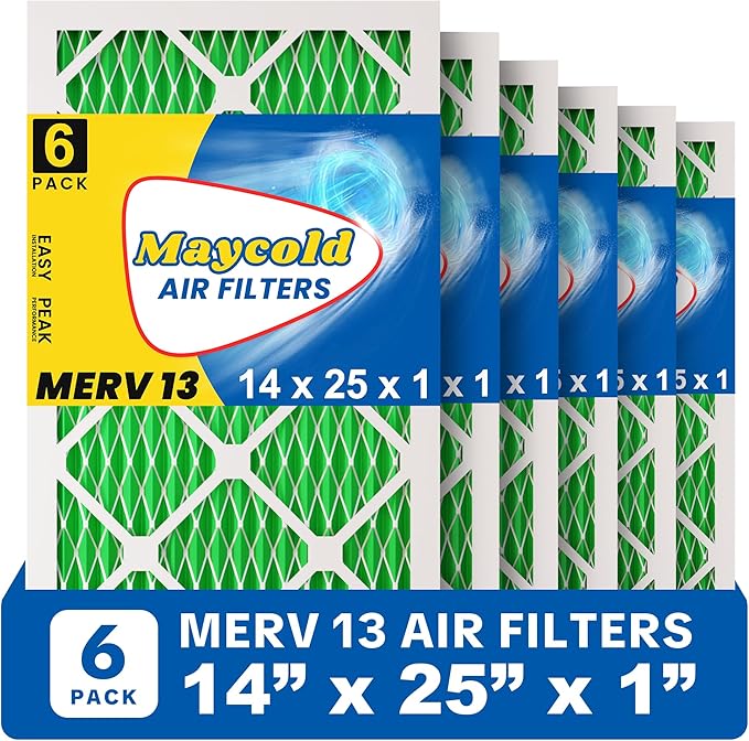 Maycold MERV 13 14x25x1 Air Filter (6-Pack), High-Efficiency Pleated AC & Furnace Filters, Actual Size: 13.70" x 24.70" x 0.75", Individually Wrapped in Plastic