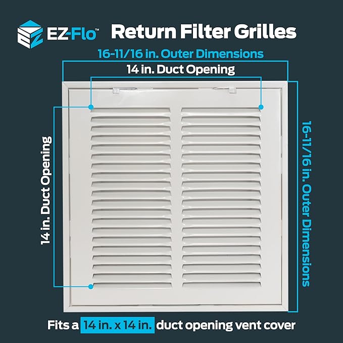 EZ-FLO 14 x 14 Inch (Duct Opening) Return Air Vent Cover for Wall or Ceiling, Solid Steel Return Air Filter Grille, HVAC Vent Cover, White, 61653