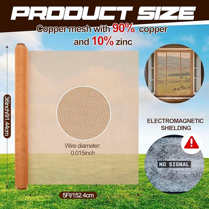 Lounsweer 36 Inch x 5 ft Copper Mesh Screen Roll, 90% Copper Insect Screen, Metal Wire Mesh Roll, Wire Fabric for Window Door Grounding Dense Filter Woven Crafts, to Keep Animals Away