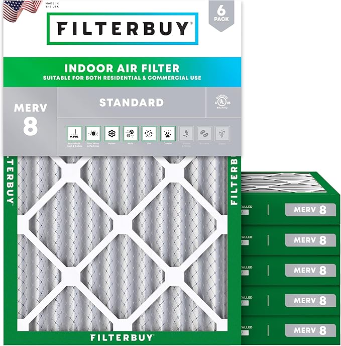 Filterbuy 24x30x2 Air Filter MERV 8 Essential Dust & Allergy Defense (6-Pack), Electrostatic Pleated HVAC AC Furnace Filters Replacement, Made in USA (Actual Size: 23.50 x 29.50 x 1.75)