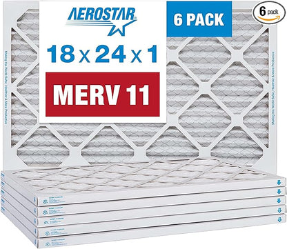 Aerostar 18x24x1 MERV 11 Pleated Air Filter, AC Furnace Air Filter, 6 Pack (Actual Size: 17 1/2" x 23 1/2" x 3/4")