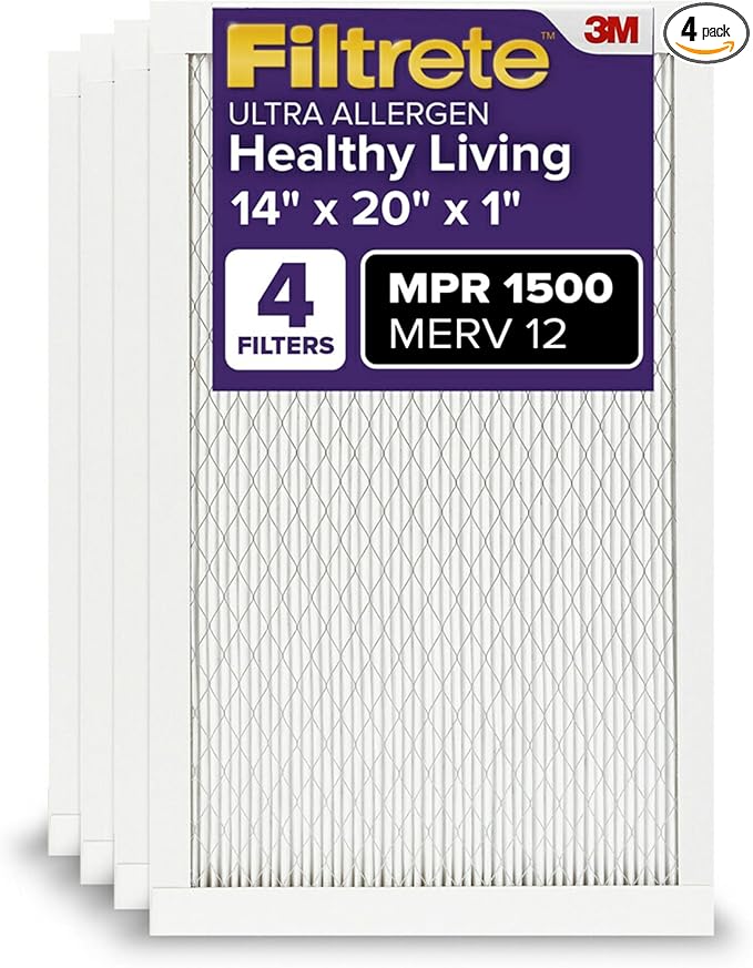 Filtrete 14x20x1 Air Filter, MERV 12, MPR 1500, Allergen, Bacteria & Virus, 3-Month AC and Furnace Filter, Easy on Air Flow, 4 HVAC Filters (Actual Size 13.81 x 19.81 x 0.78 in)