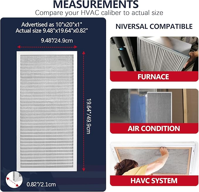 10x20x1 Electrostatic Air Filter, MERV 8 Reusable Aluminum AC/HVAC Furnace Filters, Washable Permanent Air Filter, Lasts a Lifetime, Easy to Clean (Actual Size:9.48x19.64x0.82)