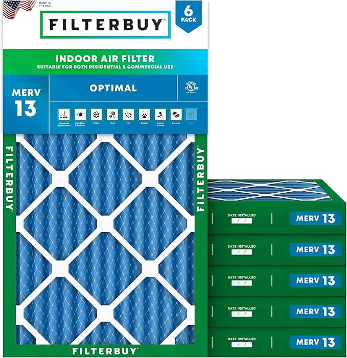 Filterbuy 14x25x2 Air Filter MERV 13 Optimal Smoke & Allergy Defense (6-Pack), Electrostatic Pleated HVAC AC Furnace Filters Replacement, Made in USA (Actual Size: 13.50 x 24.50 x 1.75)