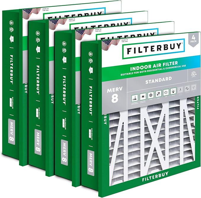 Filterbuy 24x24x5 Air Filter MERV 8 Essential Dust & Allergy Defense (4-Pack), Electrostatic Pleated HVAC AC Furnace Filters Replacement for Honeywell Return Grille (Actual Size: 22.38 x 22.38 x 4.38)