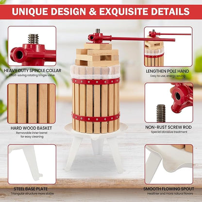 CAELUM Fruit Wine Press,3.2 Gallon Wood Fruit and Cider Press Squeezer With T-Handle, Juice Maker, Wine Making Press Squeezer for Outdoor, Kitchen（Red）