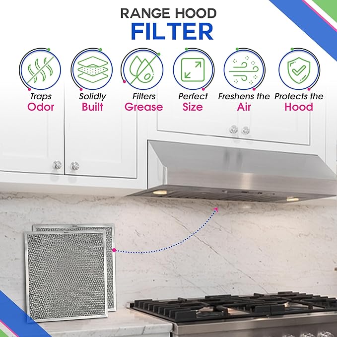 Stove Hood Vent Filter 11.6” x 11.2” BPQTF S99010317 Compatible with Broan Range Hood Filter Replacement for Ductless Overhead - Metal Mesh Filters Grease and Carbon Freshens Kitchen Oven Air (2-Pk)