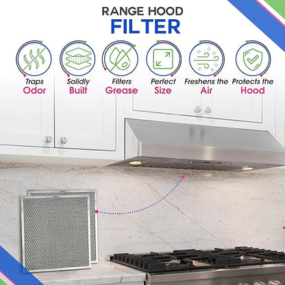 Stove Hood Vent Filter 11.6” x 11.2” BPQTF S99010317 Compatible with Broan Range Hood Filter Replacement for Ductless Overhead - Metal Mesh Filters Grease and Carbon Freshens Kitchen Oven Air (2-Pk)