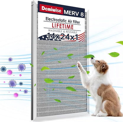 14x24x1 Lifetime Electrostatic Air Filter, MERV 8 Washable Aluminum AC/HVAC Furnace Filter, Reusable Permanent Air Filter, Easy to Clean, Healthier Home/Office (Actual Size:13.50x23.38x0.82)