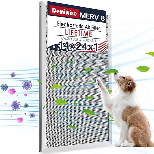 14x24x1 Lifetime Electrostatic Air Filter, MERV 8 Washable Aluminum AC/HVAC Furnace Filter, Reusable Permanent Air Filter, Easy to Clean, Healthier Home/Office (Actual Size:13.50x23.38x0.82)