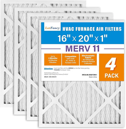 LotFancy 16x20x1 Air Filter MERV 11 4-Pack, Electrostatic Pleated AC Furnace Air Filter, Captures Dust, Smog & Pet Dander, Actual Size: 15.75"x19.75"x0.75"