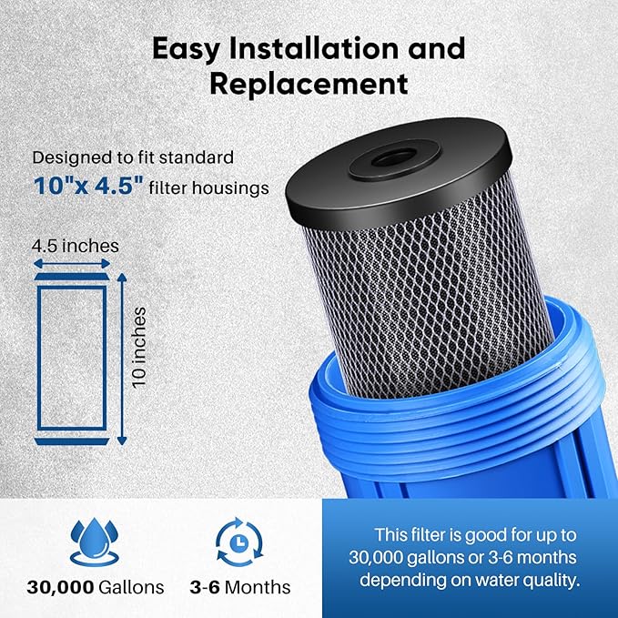 PUREPLUS 5 Micron 10" x 4.5" Whole House CTO Coconut Shell Activated Carbon Water Filter Replacement Cartridge for Dupont WFHDC8001, CB-BB-10, GE FXHTC, GXWH40L, GXWH35F, GNWH38S, CTO10BB, 2PACK