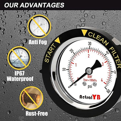60PSI Pool Filter Pressure Gauge, 2 inches Dial, 1/4" NPT Back Mount, 304Stainless Steel Case, IP67 Waterproof, Clean Filter Indicator, for Swimming Water Pump Spa Aquarium Pressure Test