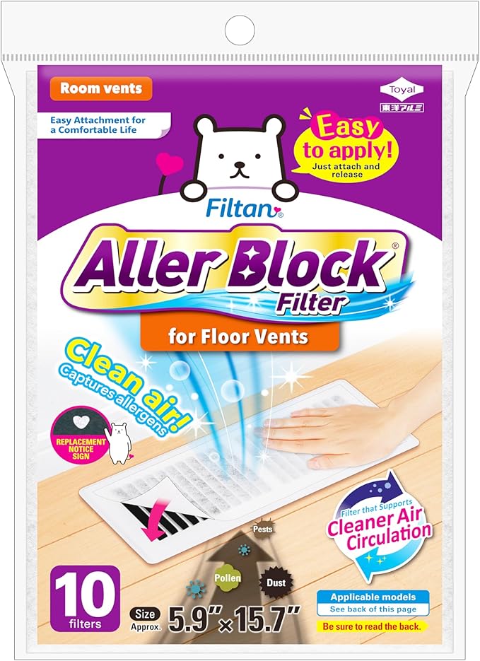 Aller Block Floor Vent Filters – Anti-Allergenic, Captures Dust & Pollen, Peel & Stick, Easy Apply, FILTAN, Made in Japan, 10 Sheets