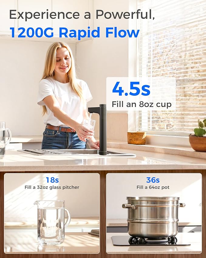 Waterdrop X12-Alkaline Mineral pH+ Tankless Reverse Osmosis System, NSF/ANSI 42&58&372 Certified, 1200 GPD RO Water Filter System, 11-Stage Filtration, 3:1 Pure to Drain, UnderSink, Black Faucet