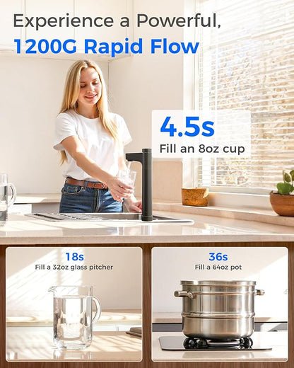 Waterdrop X12-Alkaline Mineral pH+ Tankless Reverse Osmosis System, NSF/ANSI 42&58&372 Certified, 1200 GPD RO Water Filter System, 11-Stage Filtration, 3:1 Pure to Drain, UnderSink, Black Faucet