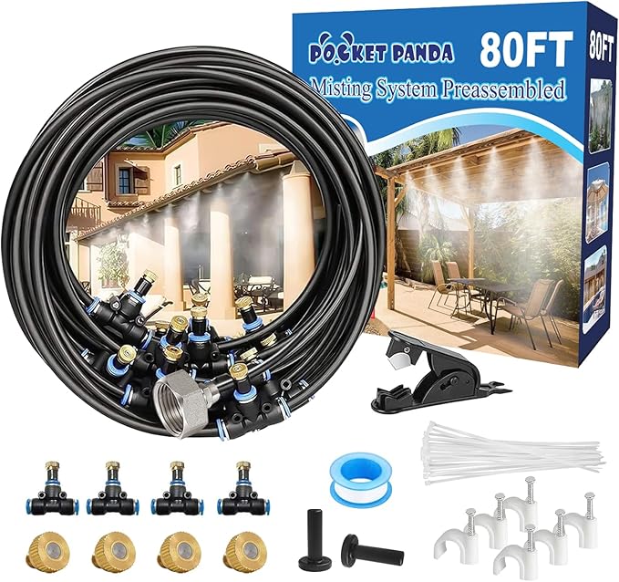 Pre-Assembled Misters for Outside Patio,Outdoor Water Misting Cooling System,80FT|24M.Backyard Mist Kit for Garden,Greenhouse,Deck,Umbrella,Canopy,Pool,Porch.Trampoline Sprinkler,Party Accessories