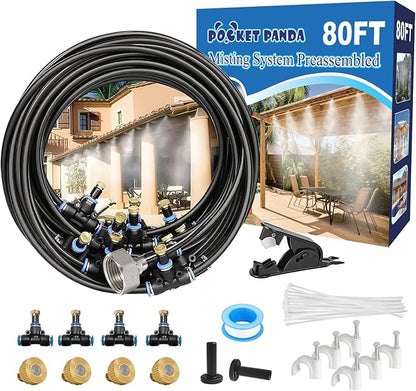 Pre-Assembled Misters for Outside Patio,Outdoor Water Misting Cooling System,80FT|24M.Backyard Mist Kit for Garden,Greenhouse,Deck,Umbrella,Canopy,Pool,Porch.Trampoline Sprinkler,Party Accessories