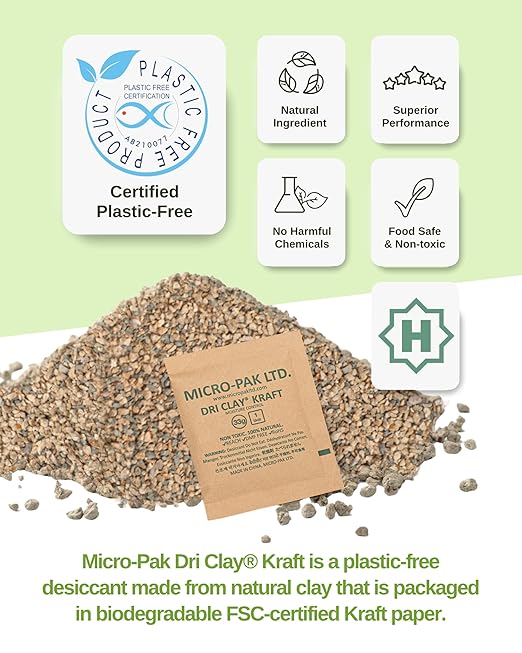 Micro-Pak Dri Clay Kraft, Highest Moisture Absorption Desiccant Packs, Silica Gel Packets Alternative, Food Safe Bentonite Clay, Desiccant Packs for Storage, Moisture Absorbers for Closet, 33gx15pcs