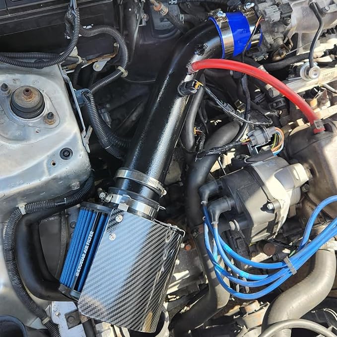 KYOSTAR Carbon Fiber 3" (76mm) High-Flow Air Filter, Reusable Cone Cold Air Intake, High Performance, Washable, Clamp-On High Flow Air Kit, Flange Diameter: 3 Inch, Filter Height: 6.7 Inch, Blue
