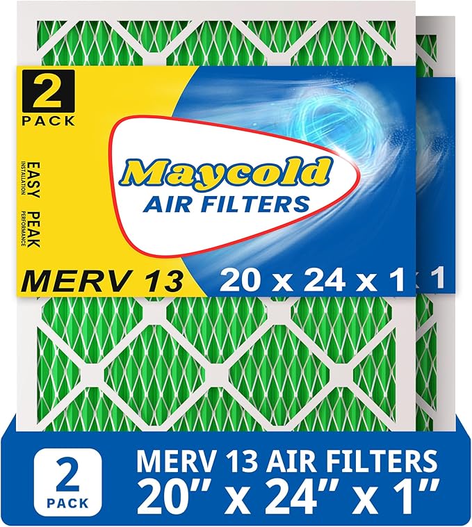 Maycold MERV 13 20x24x1 Air Filter (2-Pack), High-Efficiency Pleated AC & Furnace Filters, Actual Size: 19.70" x 23.70" x 0.75"”, Individually Wrapped in Plastic