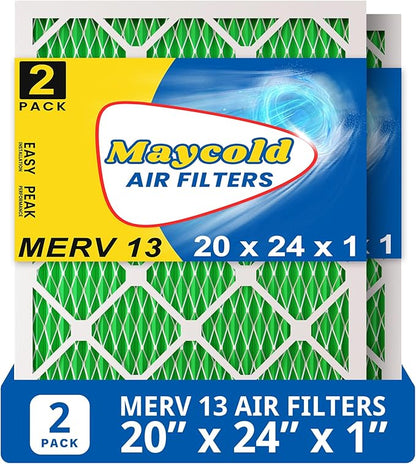 Maycold MERV 13 20x24x1 Air Filter (2-Pack), High-Efficiency Pleated AC & Furnace Filters, Actual Size: 19.70" x 23.70" x 0.75"”, Individually Wrapped in Plastic