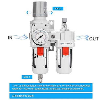 NANPU 3/4" NPT Compressed Air Filter Regulator Lubricator Combo (FRL) Water/Oil Trap Separator - Gauge(0-150 psi), 5 Micron Brass Element,Poly Bowl, Semi-Auto Drain, Metal Bracket