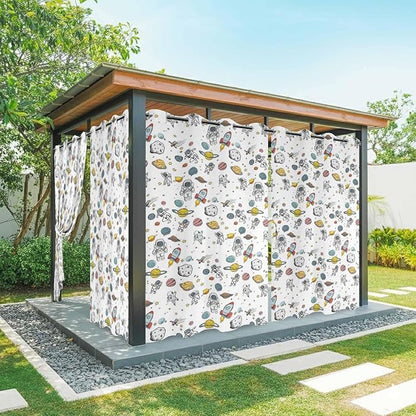 Cartoon Space Outdoor Curtains for Patio Astronauts Spacecraft Rockets Waterproof Outside Curtains with Grommet Top Weatherproof Curtain for Cabana Pergola Gazebo, 2 Pack, 54" W x 108" L
