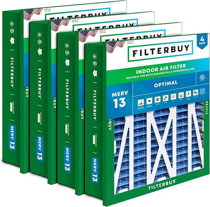 Filterbuy 20x25x5 Air Filter MERV 13 Optimal Smoke & Allergy Defense (4-Pack), Electrostatic Pleated HVAC AC Furnace Filters Replacement for Honeywell Return Grille (Actual Size: 18.38 x 23.38 x 3.69)