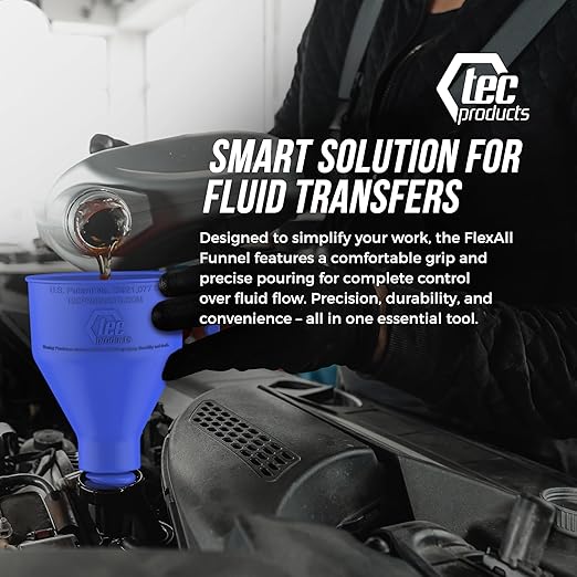 TEC Products FlexAll Long Flexible Funnels - Automotive Oil Funnel with Hose, Durable Nitrile Rubber for Oil Change, Transmission Funnel Fluid, Diesel, Fuel, Gas - Made in USA - Blue (16 x 5 Inches)