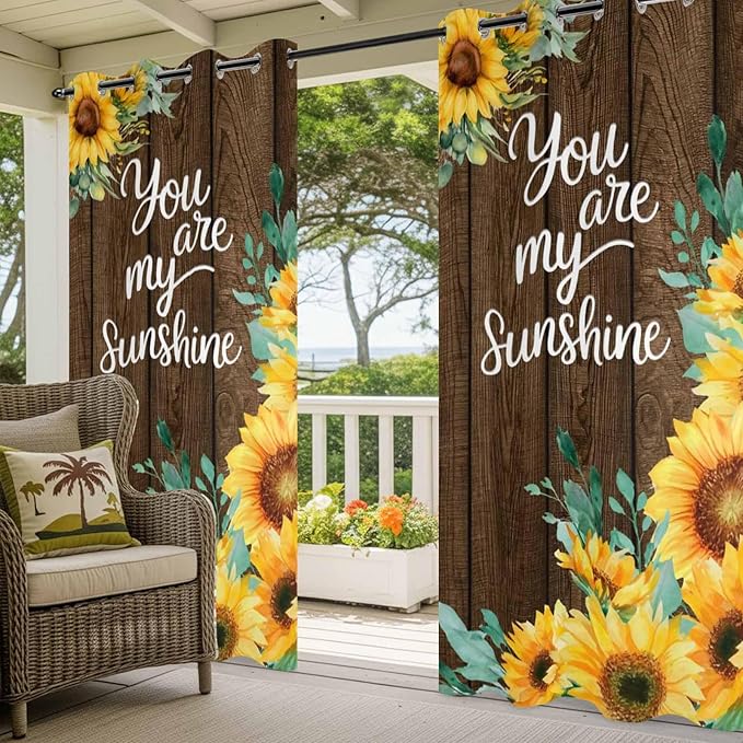 Summer Outdoor Curtains for Patio Sunflowers Eucalyptus Leaves Wood Waterproof Outside Curtains with Grommet Top Weatherproof Curtain for Cabana Pergola Gazebo, 2 Pack, 54" W x 108" L