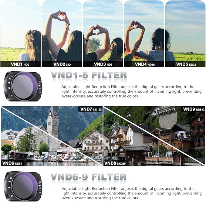 Variable ND Lens Filters Kit for DJI Osmo Pocket 3 Creator Combo Accessories Variable ND Filters 1-5 Stops + 6-9 Stops Compatible-4 Pack(VND2-32 VND64-512 UV CPL)