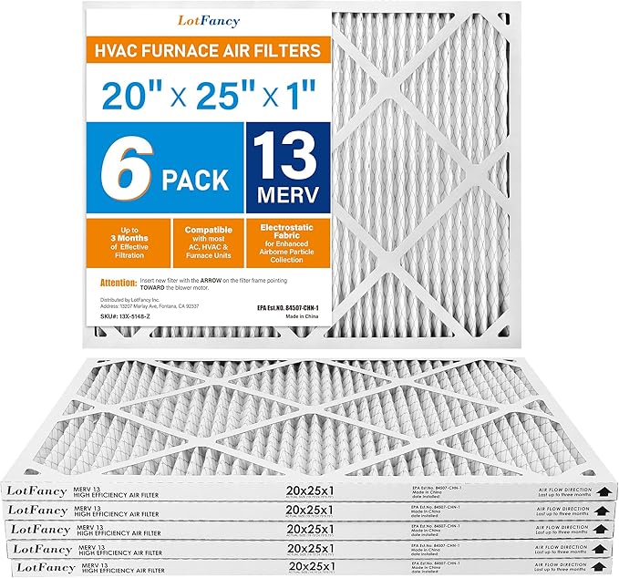 LotFancy 20x25x1 Air Filter MERV 13 6-Pack, Electrostatic Pleated HVAC Furnace Air Filter, Captures Pet Dander Smog Smoke, Actual Size: 19.75"x23.75"x0.75"