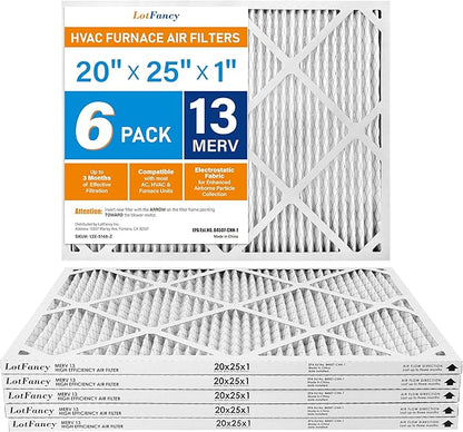 LotFancy 20x25x1 Air Filter MERV 13 6-Pack, Electrostatic Pleated HVAC Furnace Air Filter, Captures Pet Dander Smog Smoke, Actual Size: 19.75"x23.75"x0.75"