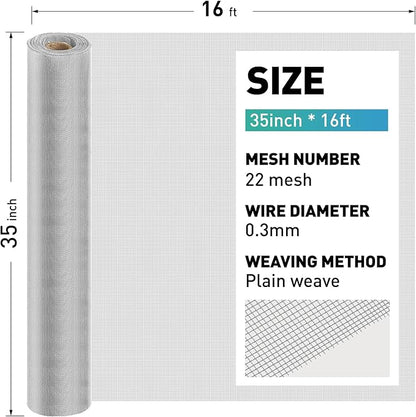 304 Stainless Steel Mesh Window Screen Roll,35IN x 16FT Silver Metal Window Screen Replacement,Window Screen Mesh for Window,Door,Patio,Pet,Vent,Filter,Porch,Cage and DIY Project (22 Mesh)