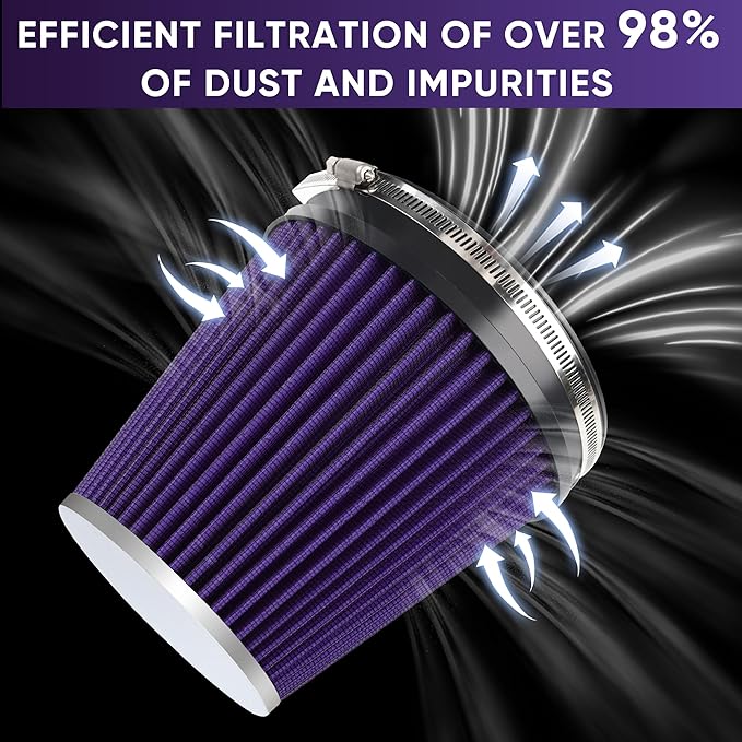 6" 152mm Cold Air Intake Filter Clamp-On Replacement High Flow Inlet Air Filter High Performance Washable Cone Filter 7" Tall Purple