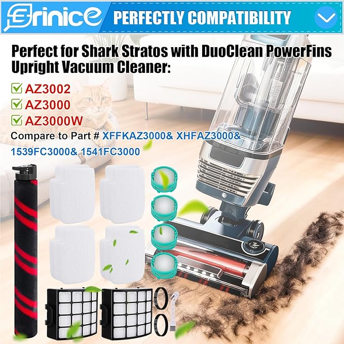 AZ3002 Filter Replacement Part for Shark Stratos DuoClean PowerFins HairPro Upright Vacuum AZ3000 AZ3000C AZ3000W AZ3002C, 1 Brushroll 2 Filters 4 Foam & felt Filter 4 odor neutralizer 2 Belts