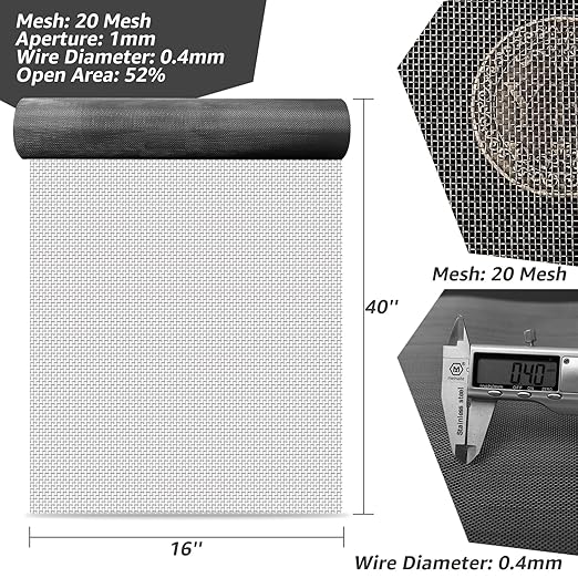 16x40 Inch Wire Mesh Roll, 20 Mesh Stainless Steel Mesh, Never Rust Sturdy Metal Mesh Screen for DIY Projects, Vent, Cage, Garden, Window Screen, Filter Mesh