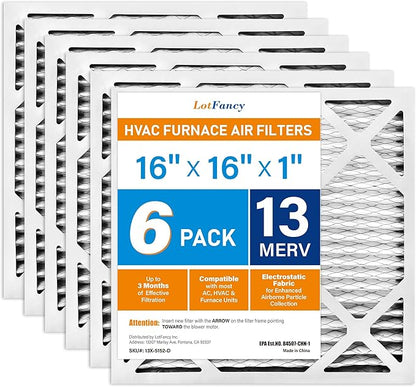 LotFancy 16x16x1 Air Filter MERV 13 6-Pack, Electrostatic Pleated HVAC Furnace Air Filter, Captures Pet Dander Smog Smoke, Actual Size: 15.75"x15.75"x0.75"