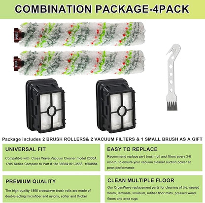 2306A 1785 Pet Pro Replacement Parts 2 Pack 1868 for Bissell Crosswave Roller Brush and 2 Pack 1866 for Crosswave Replacement Filter Compare to Part # 1613568 161-3568 1608684 LUXRILIX